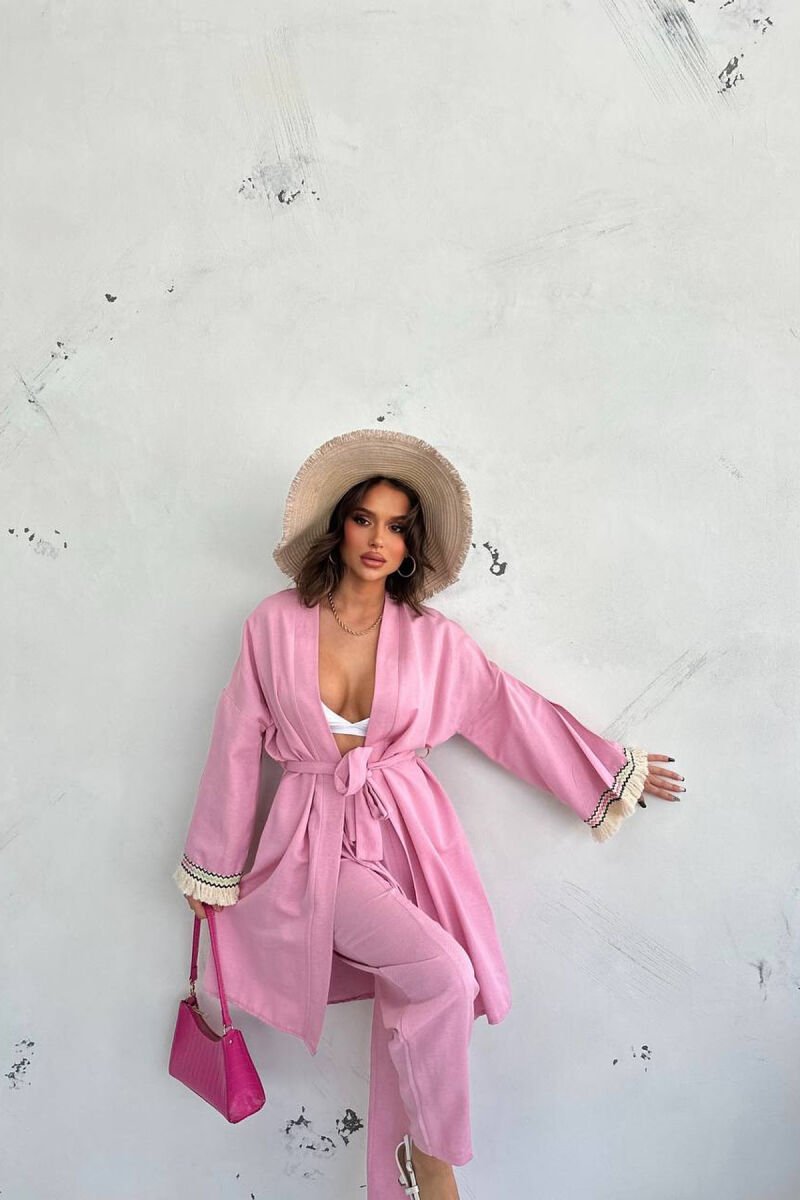 BELT DETAIL CARDIGAN + ELASTIC WAIST WOMAN TWO PIECE SET PINK/ROZE - 2