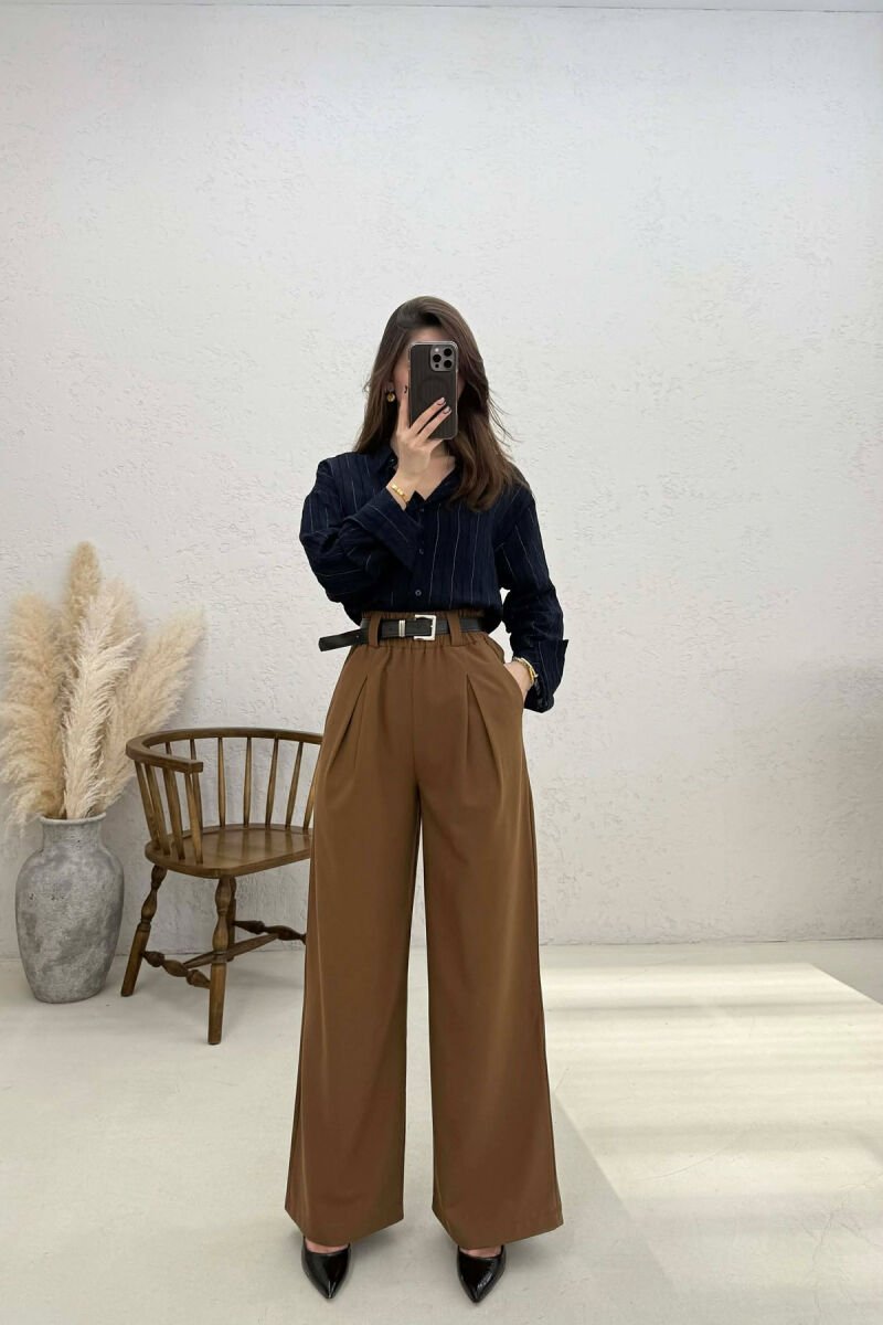 BELT DETAIL ELASTIC WAIST WOMAN TROUSERS BROWN/KAFE - 1