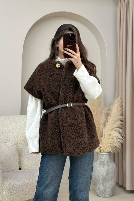 PELERINË ME PUSH DHE RRIP PER FEMRA NE NGJYRE KAFE TE ERRET - KLAUDIO FASHION