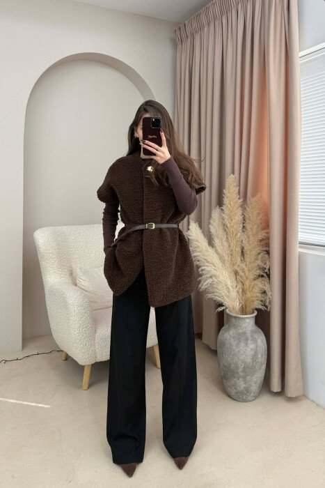 BELT DETAIL FLUFFY WOMEN CAPE COAT DARK BROWN/KAE - 6