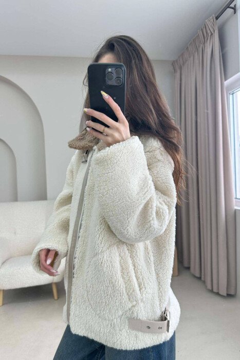 BELT DETAIL FLUFFY WOMEN JACKET CREAM/KREM - 4