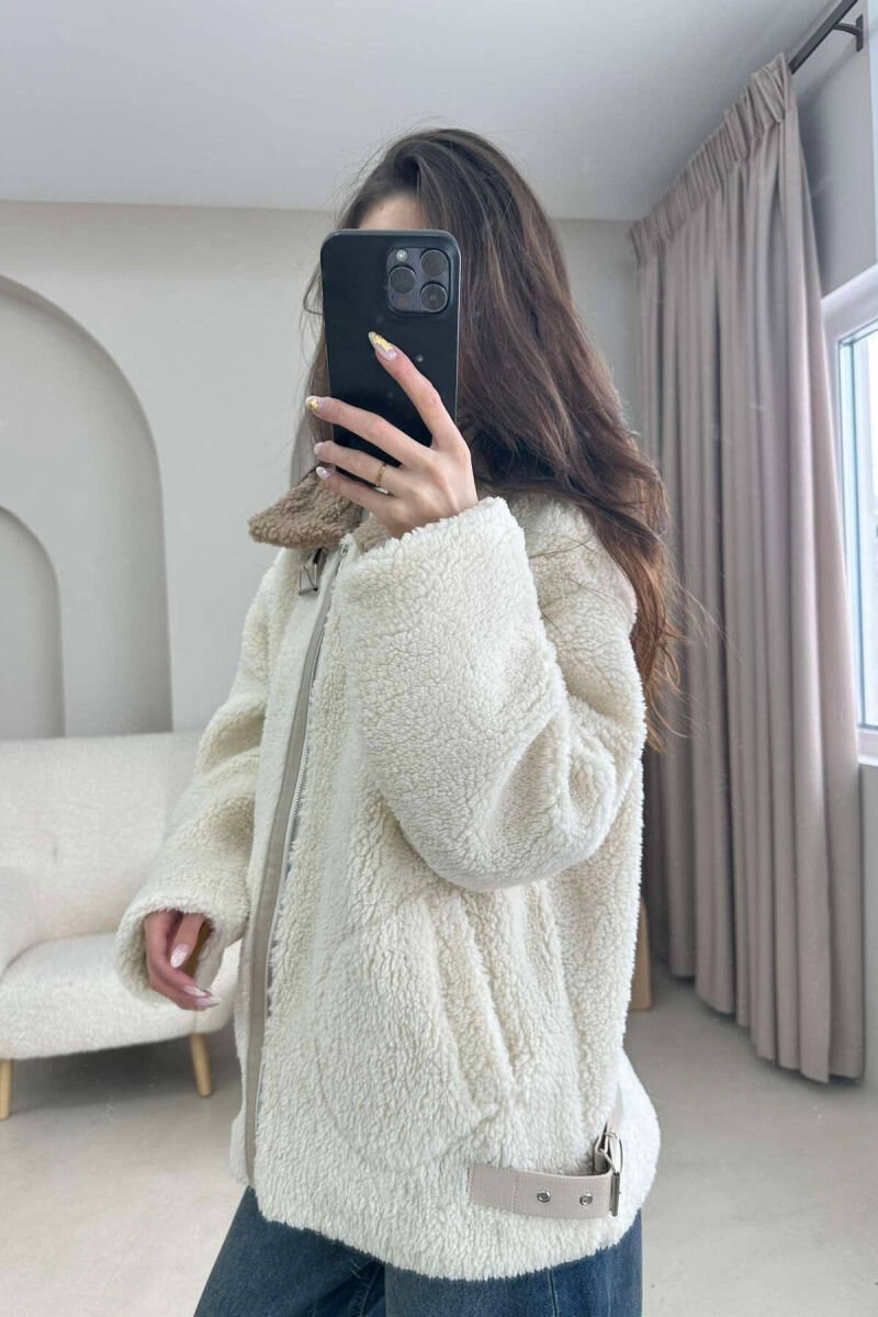 BELT DETAIL FLUFFY WOMEN JACKET CREAM/KREM - 4