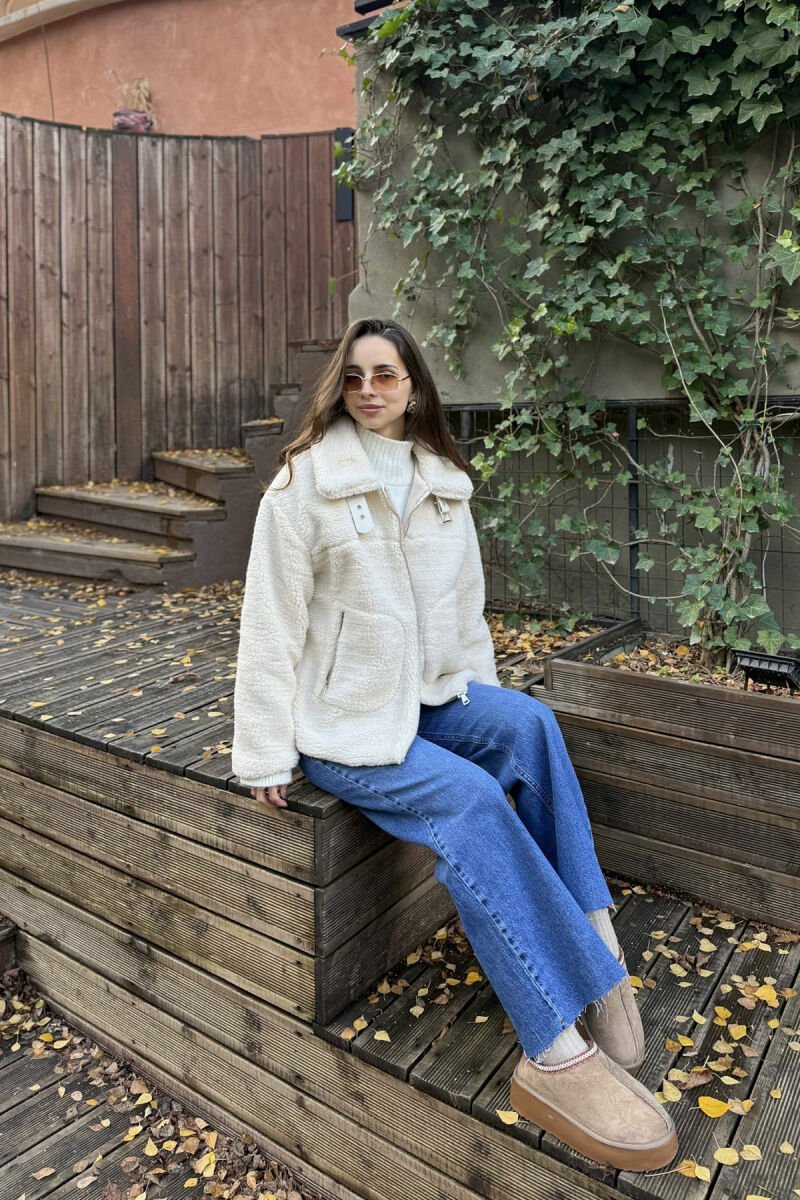 BELT DETAIL FLUFFY WOMEN JACKET CREAM/KREM - 1