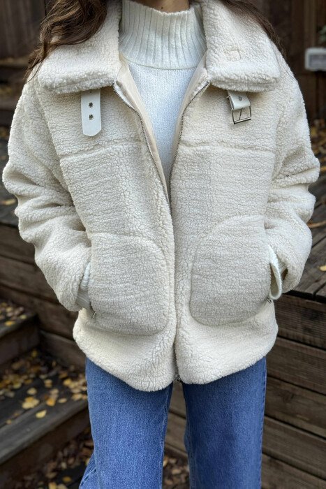 BELT DETAIL FLUFFY WOMEN JACKET CREAM/KREM - 2