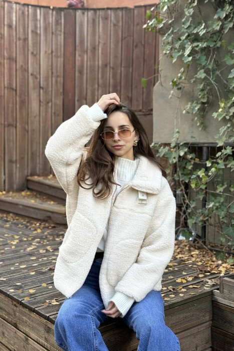 BELT DETAIL FLUFFY WOMEN JACKET CREAM/KREM - 4