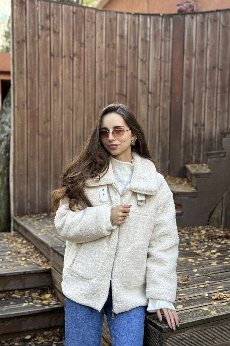 BELT DETAIL FLUFFY WOMEN JACKET CREAM/KREM - 6