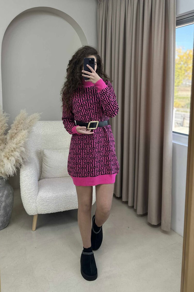 BELT DETAIL HIGH NECK WOMEN DRESS FUCHSIA/CIKLAMI - 1