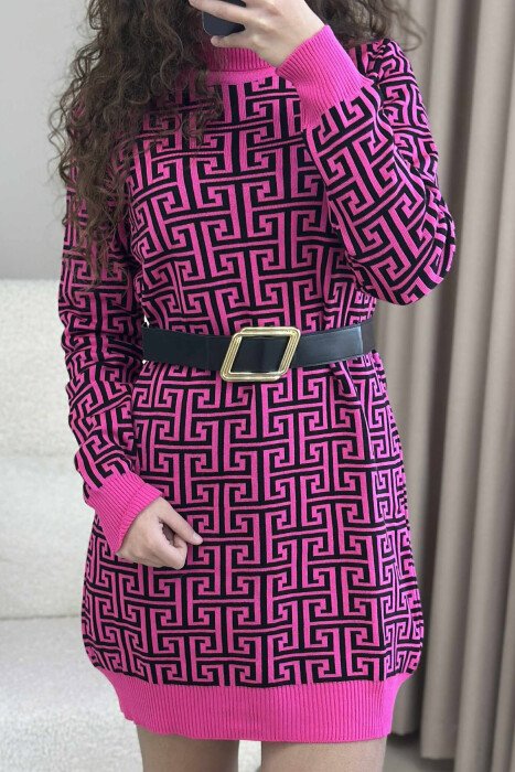 BELT DETAIL HIGH NECK WOMEN DRESS FUCHSIA/CIKLAMI - 4