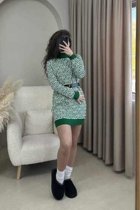 BELT DETAIL HIGH NECK WOMEN DRESS GREEN/JESHILE - 1