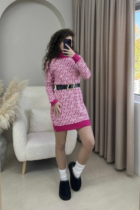 BELT DETAIL HIGH NECK WOMEN DRESS PINK/ROZE - 1