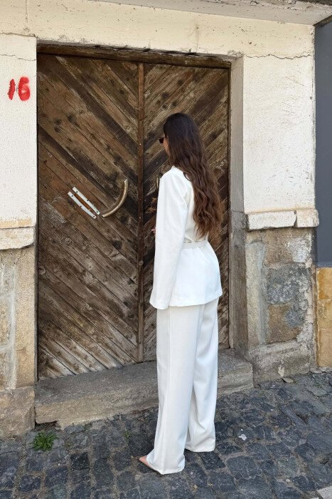BELT DETAIL JACKET + SEMI ELASTIC WAIST TROUSERS WOMAN SET WHITE-E BARDHE - 5