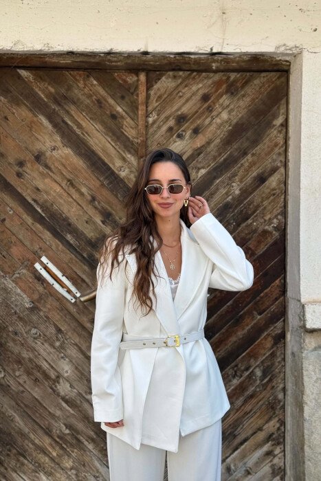 BELT DETAIL JACKET + SEMI ELASTIC WAIST TROUSERS WOMAN SET WHITE-E BARDHE - 2