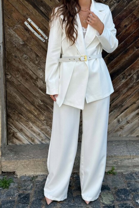 BELT DETAIL JACKET + SEMI ELASTIC WAIST TROUSERS WOMAN SET WHITE-E BARDHE - 4
