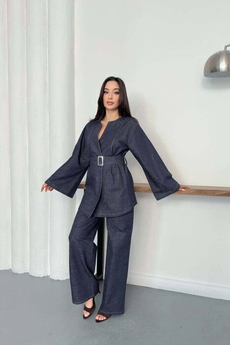 BELT DETAIL JACKET + TROUSERS DENIM WOMAN SET BLUE/BLU - 4