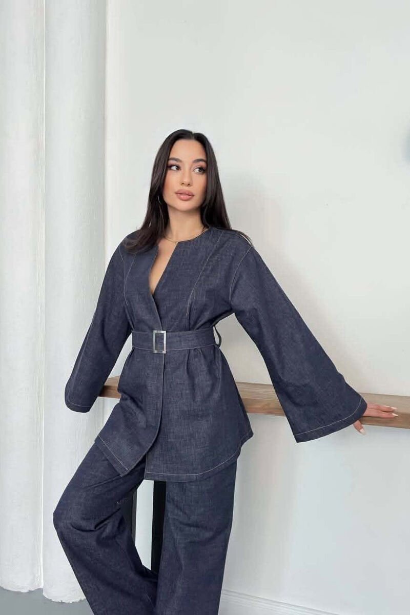 BELT DETAIL JACKET + TROUSERS DENIM WOMAN SET BLUE/BLU - 5