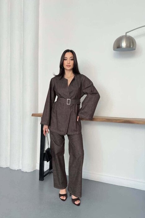 BELT DETAIL JACKET + TROUSERS DENIM WOMAN SET BROWN/KAFE 