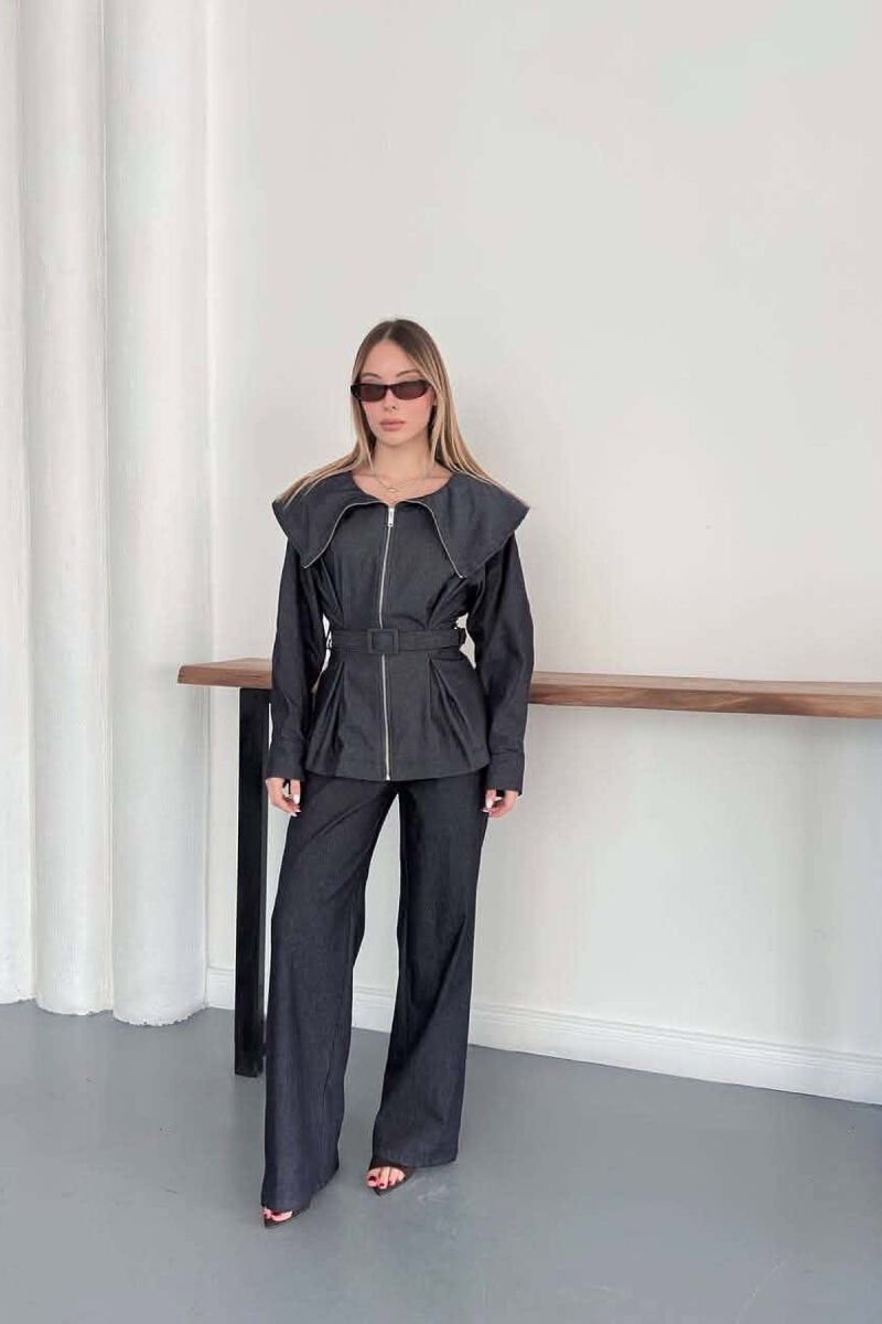 BELT DETAIL JACKET+ TROUSERS WOMAN SET DARK BLUE/BEE - 1
