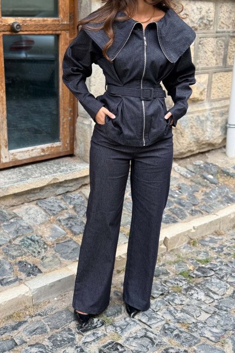 BELT DETAIL JACKET+ TROUSERS WOMAN SET DARK BLUE/BEE - 2