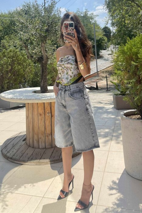 BELT DETAIL KNEE LENGTH WOMEN SHORTS LIGHT GREY/GZ - 5