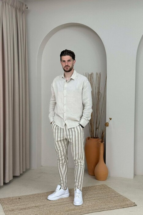 BELT DETAIL LINES DESIGN MEN PANTS BEIGE/BEZHE - 1