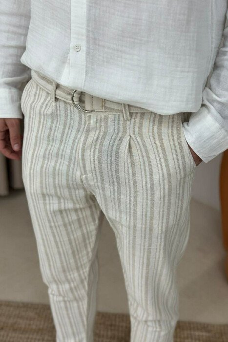 BELT DETAIL LINES DESIGN MEN PANTS BEIGE/BEZHE - 4