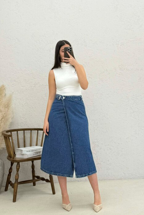 BELT DETAIL LONG DENIM WOMEN SKIRT BLUE/BLU - 1