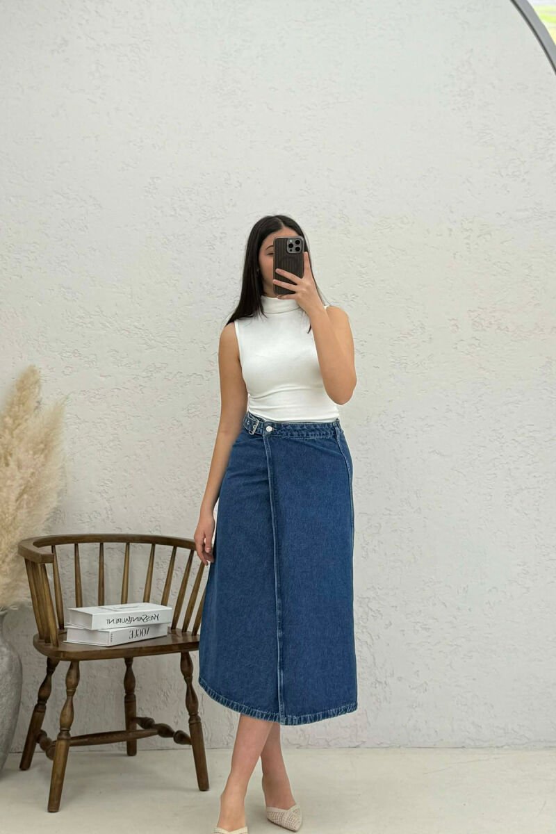 BELT DETAIL LONG DENIM WOMEN SKIRT BLUE/BLU - 3