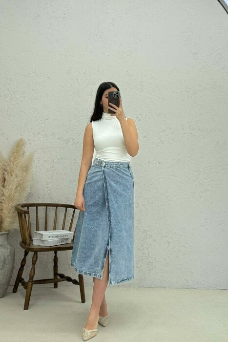 BELT DETAIL LONG DENIM WOMEN SKIRT LIGHTBLUE/BZ - 1