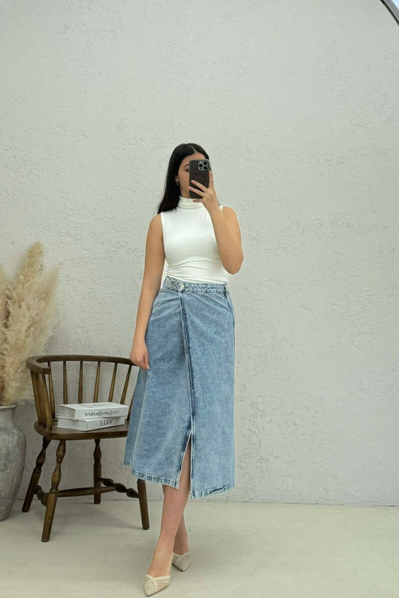 BELT DETAIL LONG DENIM WOMEN SKIRT LIGHTBLUE/BZ - 1