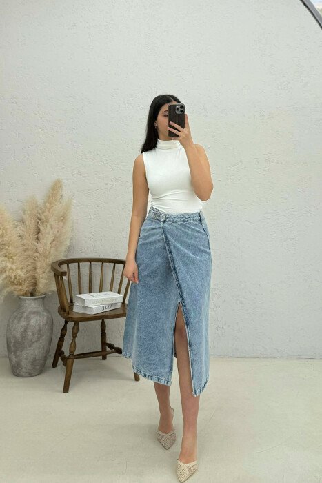 BELT DETAIL LONG DENIM WOMEN SKIRT LIGHTBLUE/BZ - 5