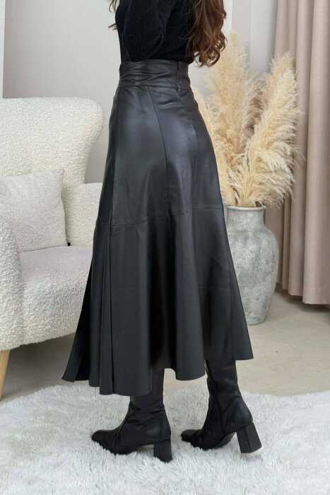 BELT DETAIL LONG LEATHER WOMEN SKIRT BLACK/ E ZEZE - 1