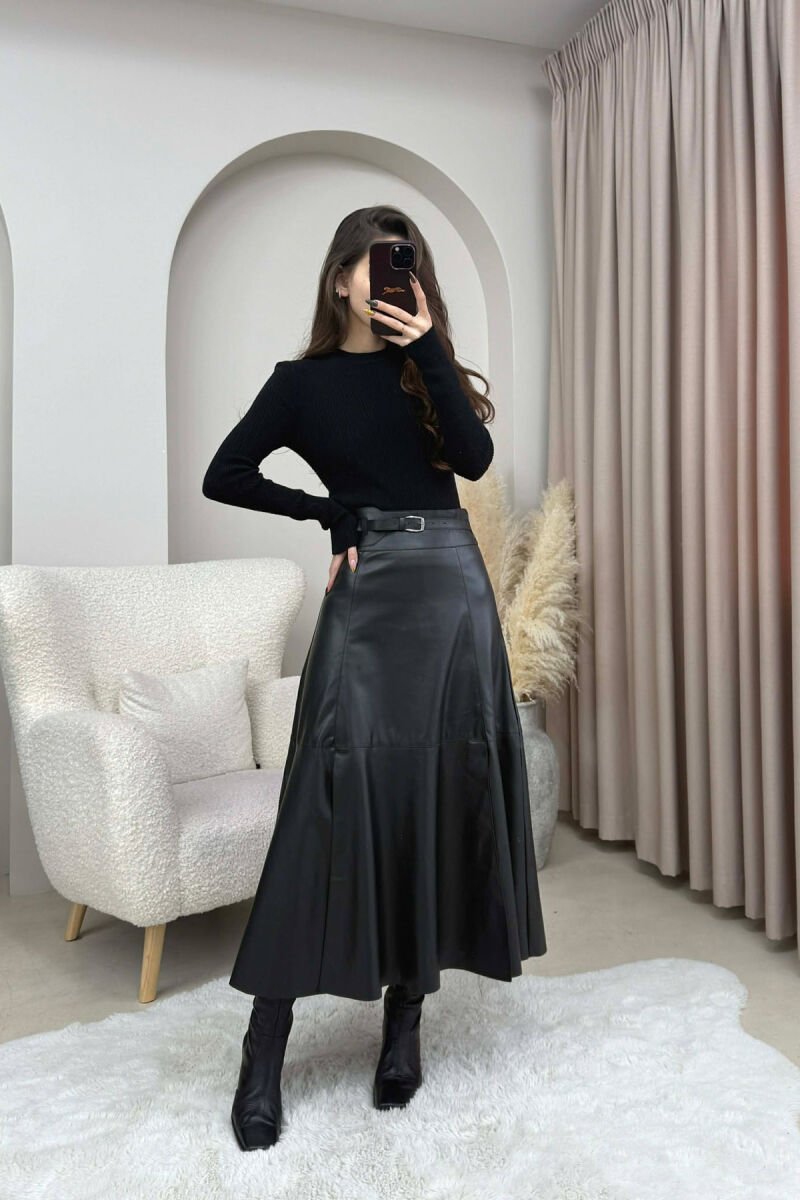 BELT DETAIL LONG LEATHER WOMEN SKIRT BLACK/ E ZEZE - 4