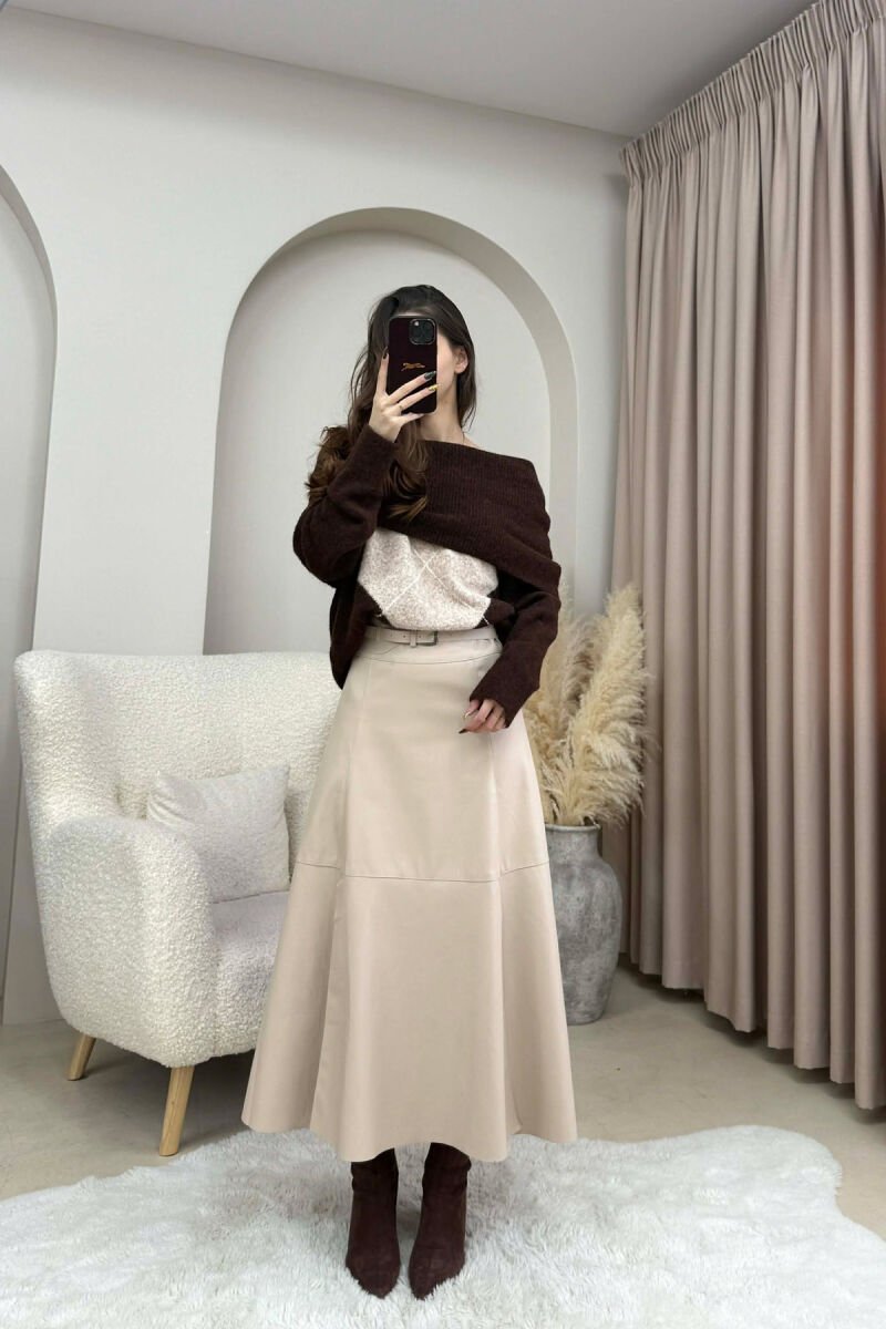 BELT DETAIL LONG LEATHER WOMEN SKIRT CREAM/KREM - 2