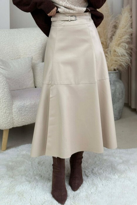 BELT DETAIL LONG LEATHER WOMEN SKIRT CREAM/KREM - 1