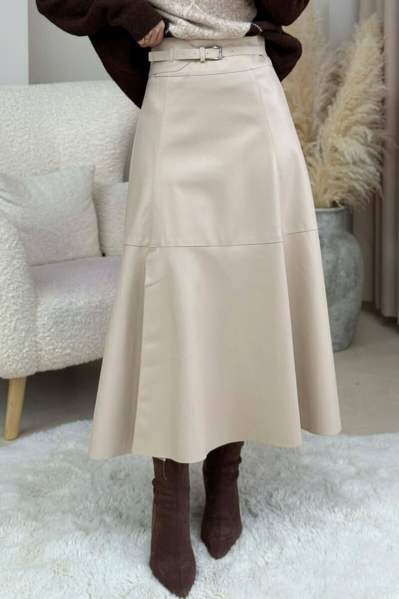 BELT DETAIL LONG LEATHER WOMEN SKIRT CREAM/KREM - 1
