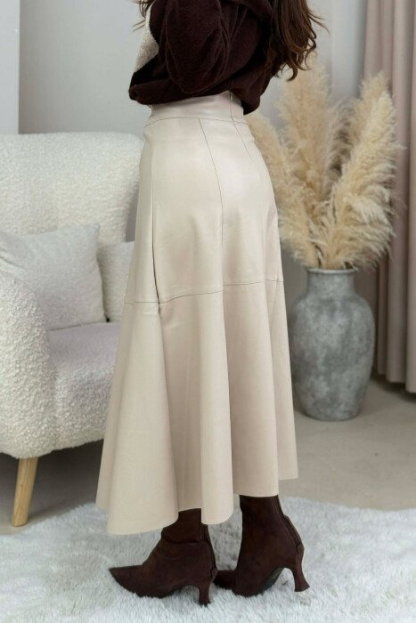 BELT DETAIL LONG LEATHER WOMEN SKIRT CREAM/KREM - 4