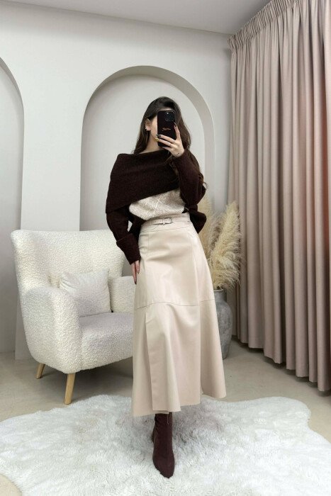 BELT DETAIL LONG LEATHER WOMEN SKIRT CREAM/KREM - 5