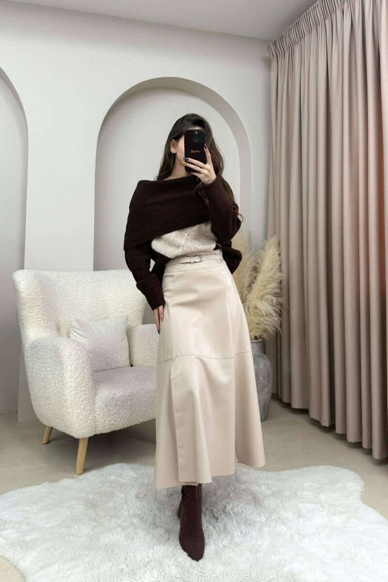 BELT DETAIL LONG LEATHER WOMEN SKIRT CREAM/KREM - 5