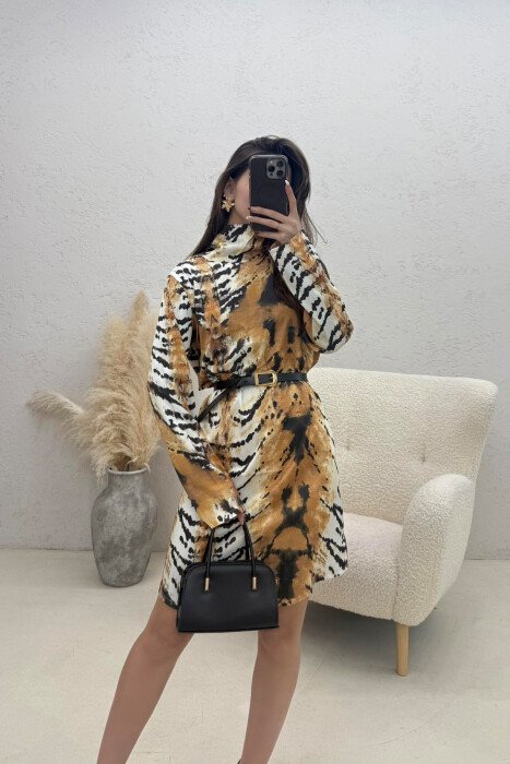 BELT DETAIL LONG SLEEVE WOMAN DRESS LEO/LEOPARD - KLAUDIO FASHION