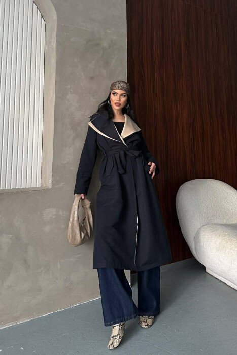 BELT DETAIL LONG WOMAN TRENCH COAT DARK BLUE/BEE - 1