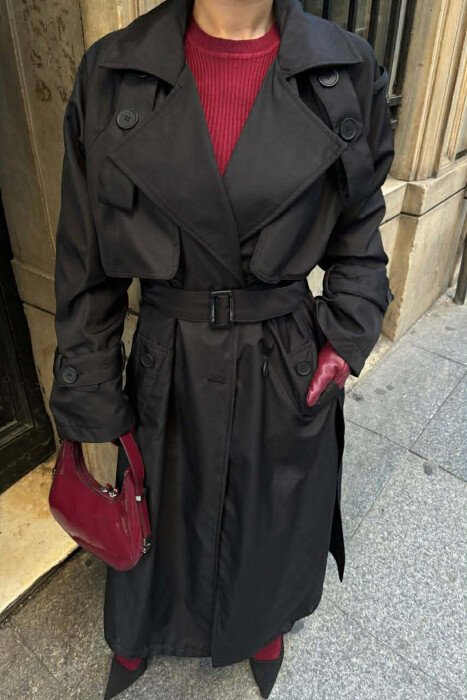 BELT DETAIL LONG WOMEN JACKET BLACK/ E ZEZE - 1