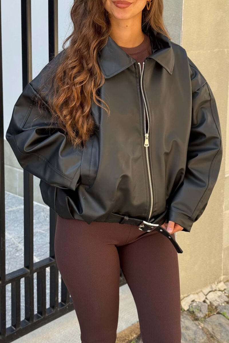 BELT DETAIL ONE COLOR LEATHER WOMEN JACKET BLACK/ E ZEZE - 4