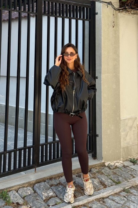 BELT DETAIL ONE COLOR LEATHER WOMEN JACKET BLACK/ E ZEZE - 5