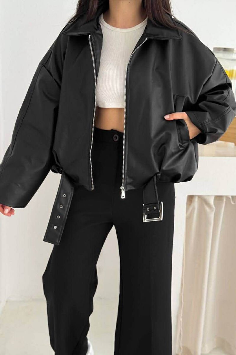 BELT DETAIL ONE COLOR LEATHER WOMEN JACKET BLACK/ E ZEZE - 1