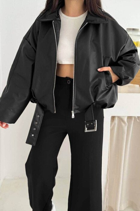 BELT DETAIL ONE COLOR LEATHER WOMEN JACKET BLACK/ E ZEZE - KLAUDIO FASHION