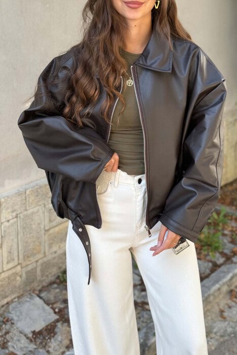 BELT DETAIL ONE COLOR LEATHER WOMEN JACKET DARK BROWN/KAE - 5