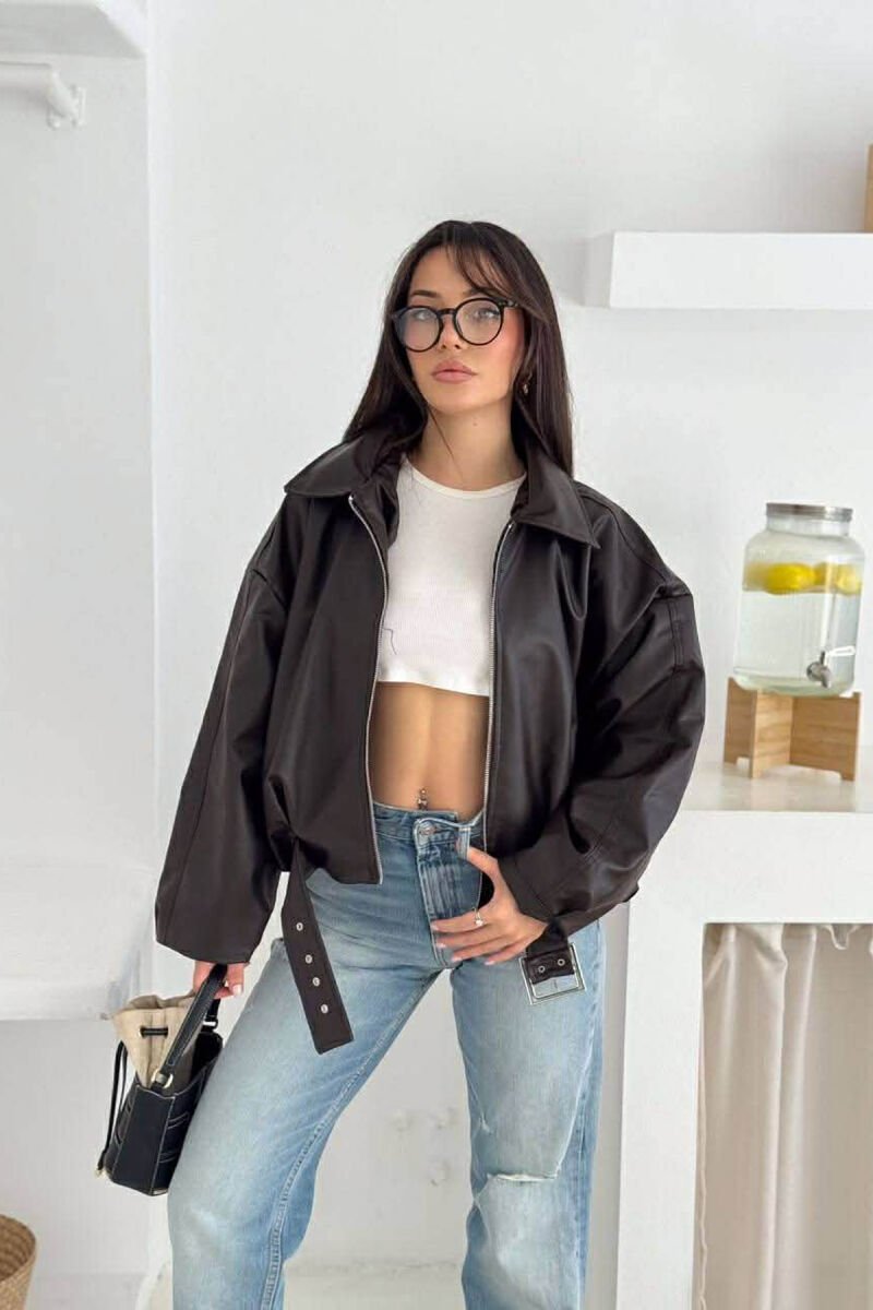 BELT DETAIL ONE COLOR LEATHER WOMEN JACKET DARK BROWN/KAE - 2