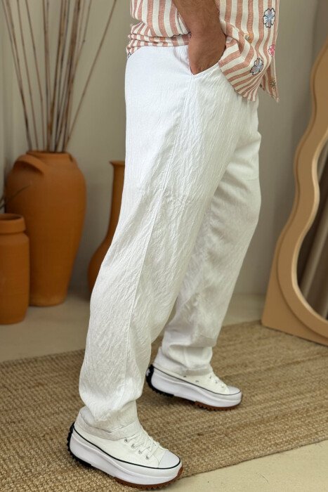 BELT DETAIL ONE COLOR MEN PANTS WHITE-E BARDHE - 3