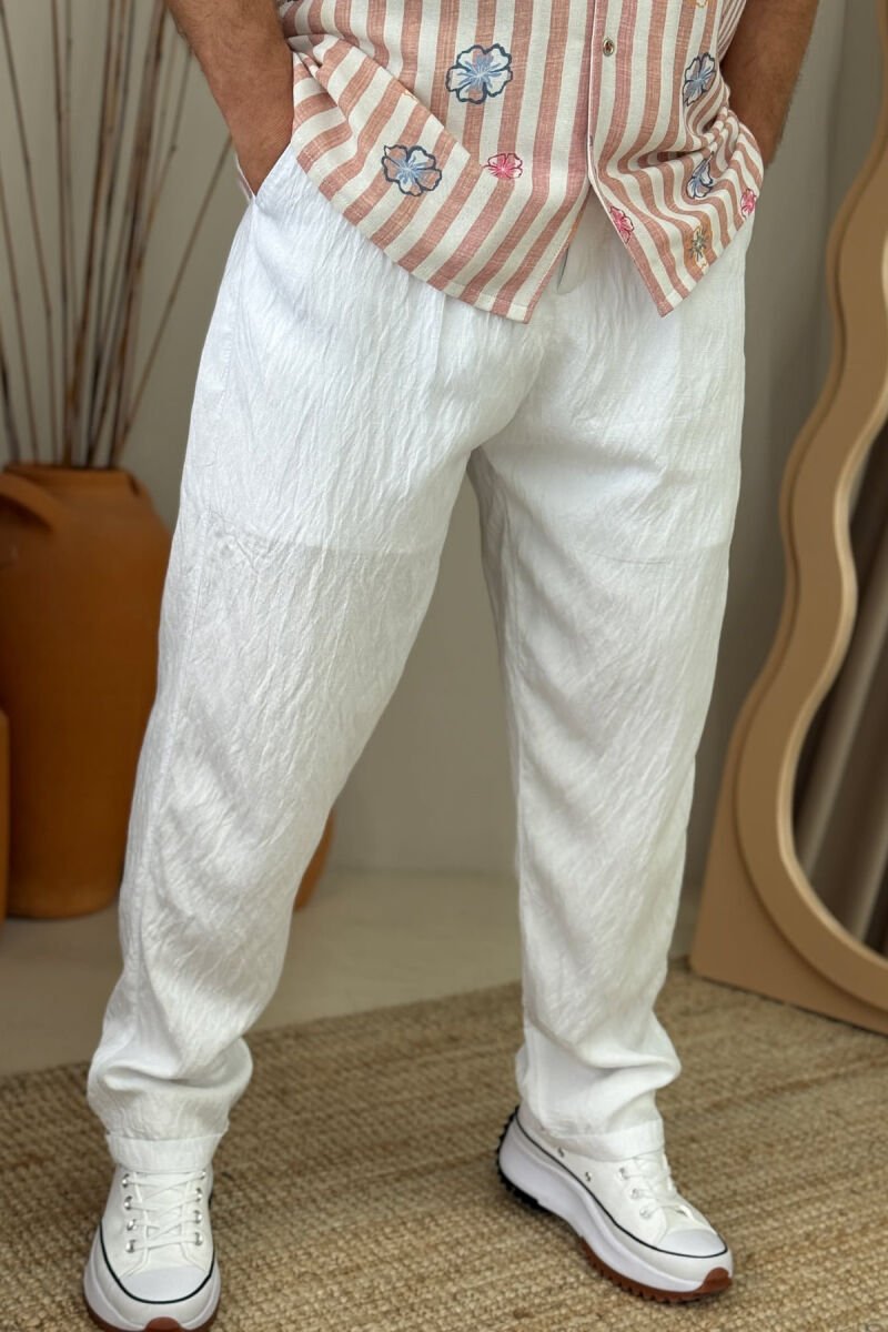 BELT DETAIL ONE COLOR MEN PANTS WHITE-E BARDHE - 4