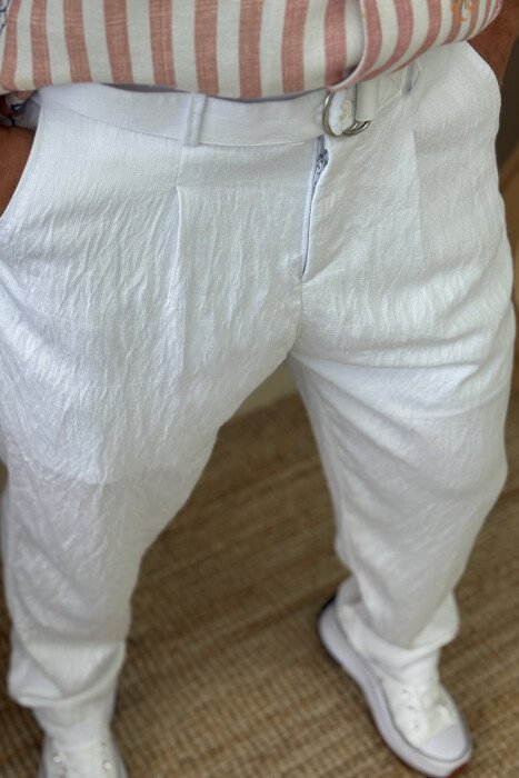 BELT DETAIL ONE COLOR MEN PANTS WHITE-E BARDHE - 6